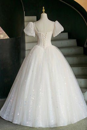 White Sparkle Tulle Ball Gown with Mint Floral Embroidery, Formal Dress