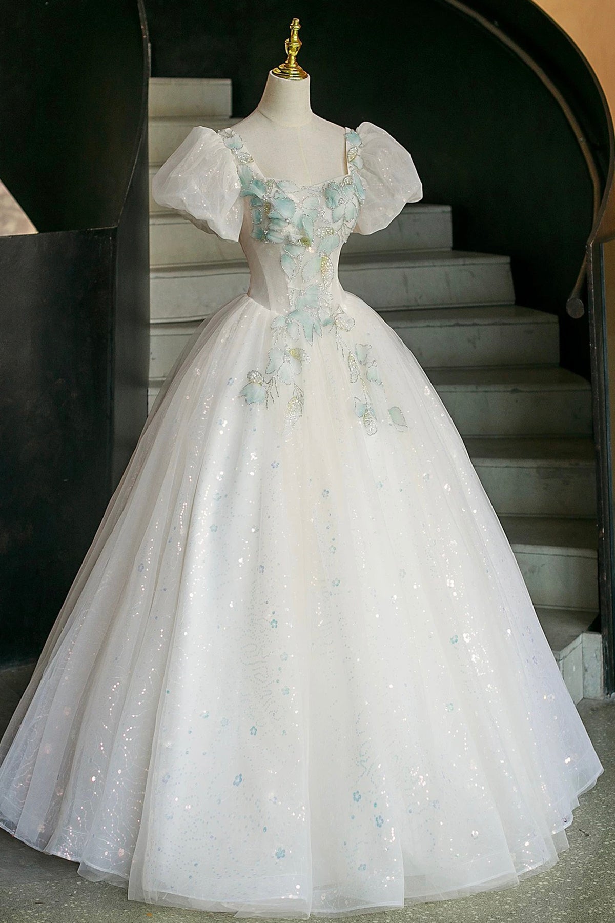 White Sparkle Tulle Ball Gown with Mint Floral Embroidery, Formal Dress