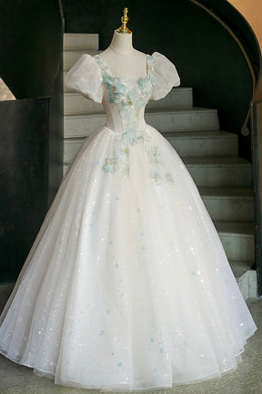 White Sparkle Tulle Ball Gown with Mint Floral Embroidery, Formal Dress