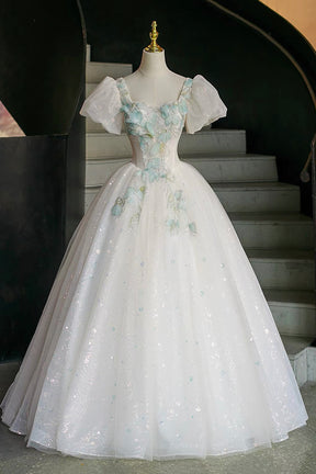White Sparkle Tulle Ball Gown with Mint Floral Embroidery, Formal Dress