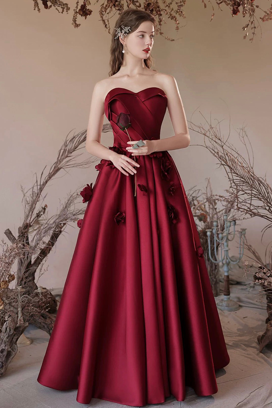 Beautiful Satin Floor Length Prom Dress, A-Line Strapless Formal Evening Dress