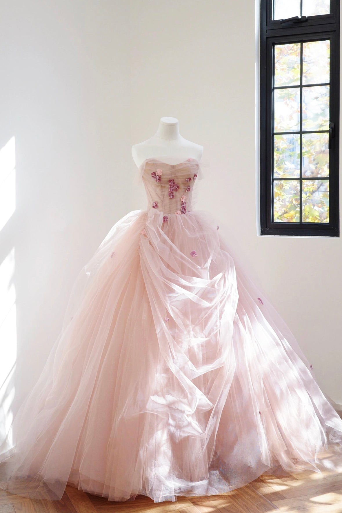 Pink Strapless Tulle Long Prom Dress, Beautiful A-Line Evening Sweet 16 Dress