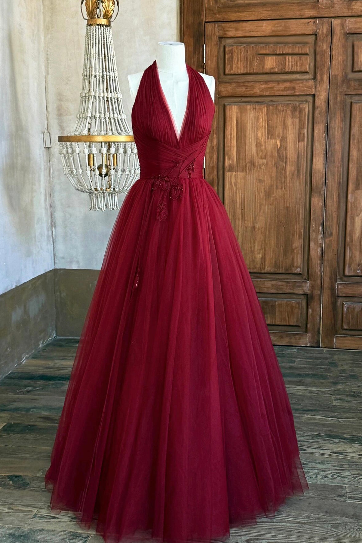 Burgundy V-Neck Tulle Long Prom Dress, Elegant A-Line Backless Party Dress