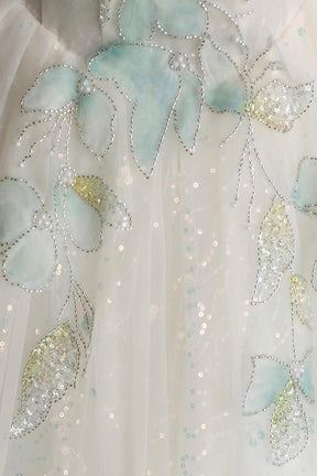 White Sparkle Tulle Ball Gown with Mint Floral Embroidery, Formal Dress