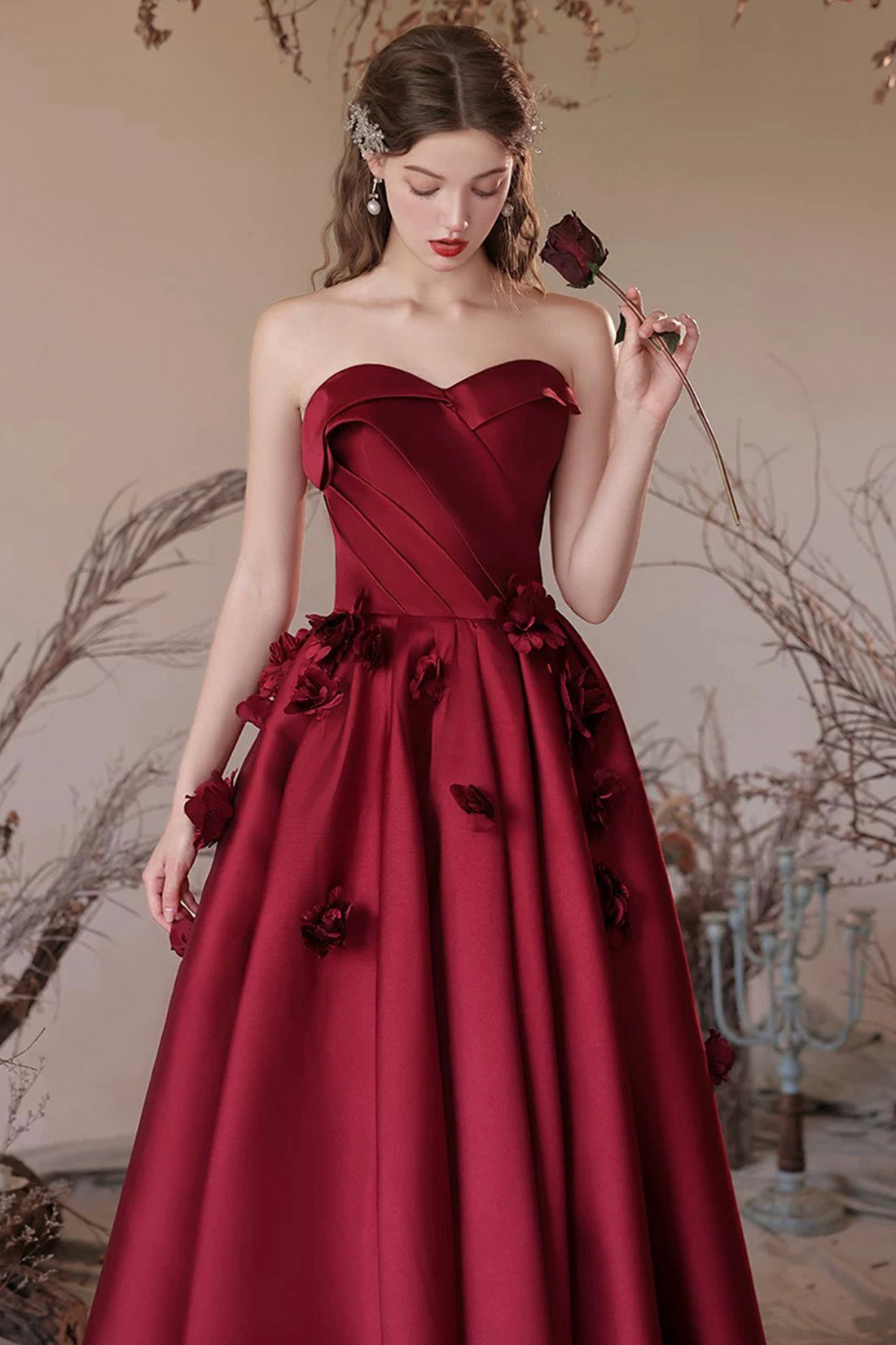 Beautiful Satin Floor Length Prom Dress, A-Line Strapless Formal Evening Dress