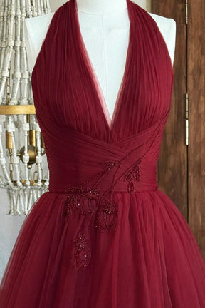 Burgundy V-Neck Tulle Long Prom Dress, Elegant A-Line Backless Party Dress