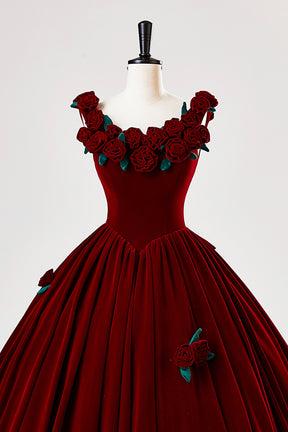 Burgundy Velvet Floor Length Prom Dress, A-Line Evening Party Dress with Flowers