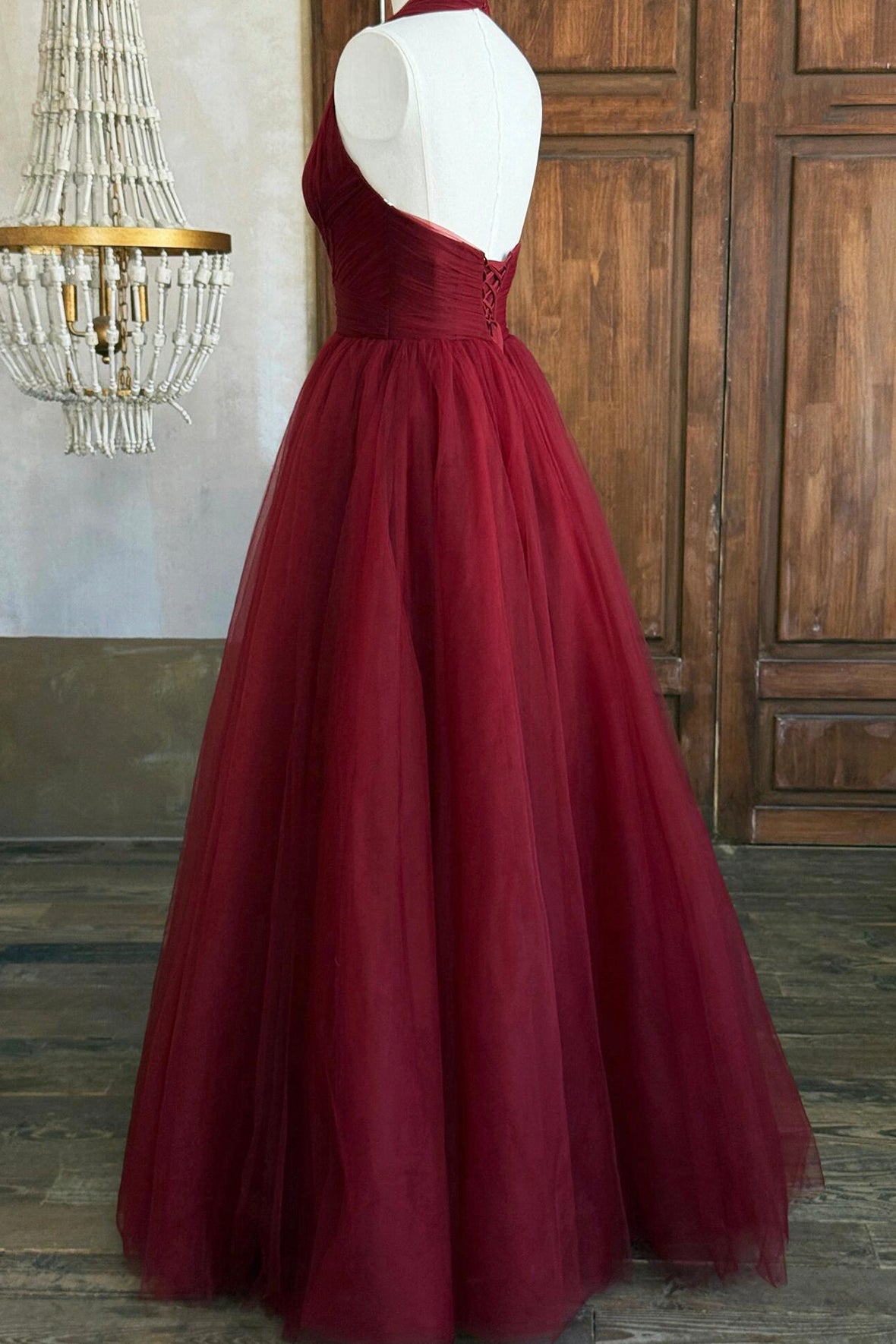 Burgundy V-Neck Tulle Long Prom Dress, Elegant A-Line Backless Party Dress