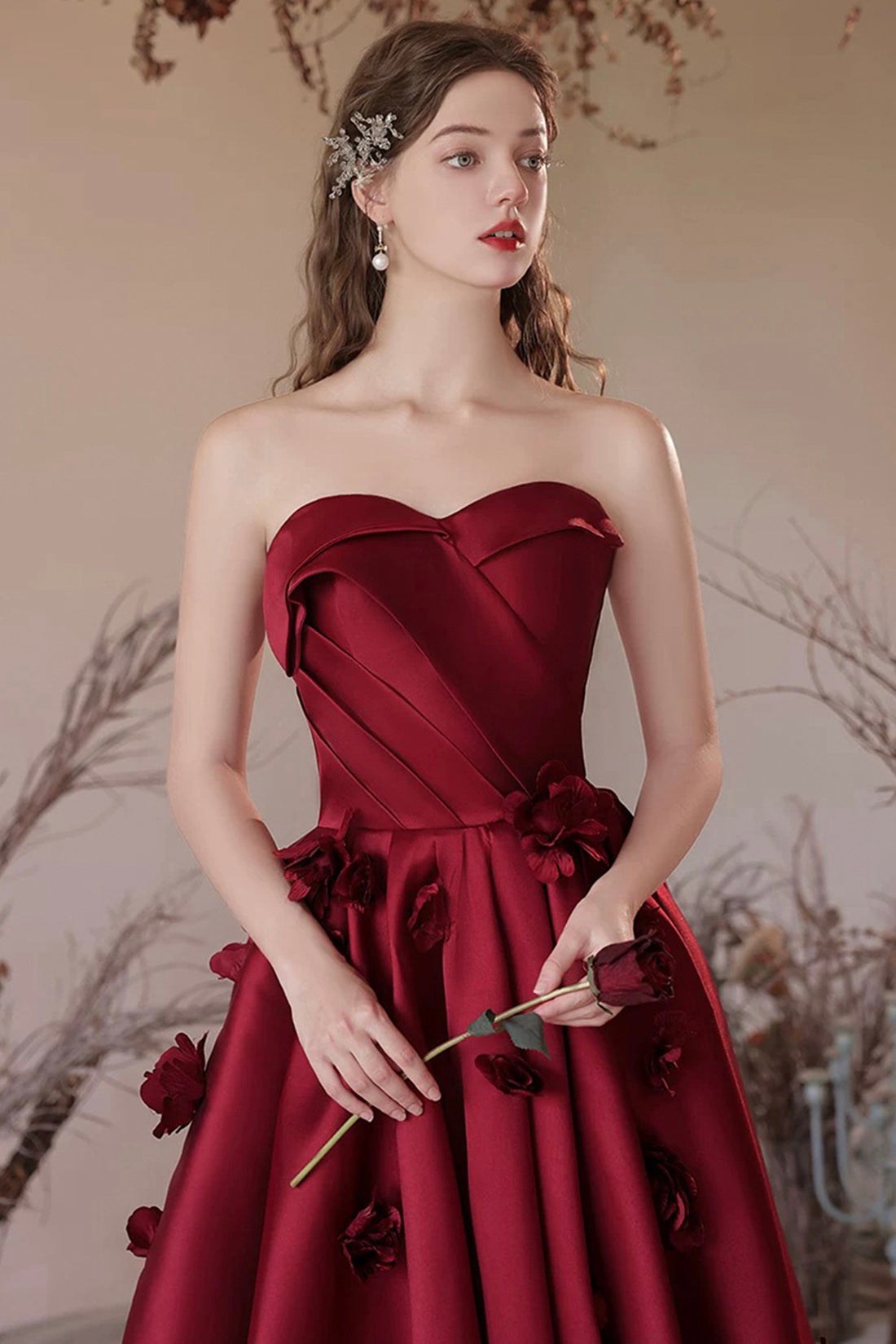 Beautiful Satin Floor Length Prom Dress, A-Line Strapless Formal Evening Dress