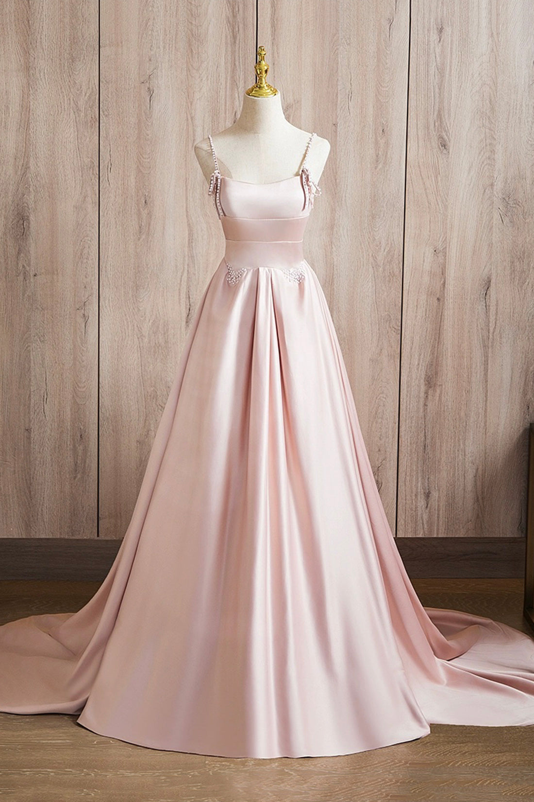 Cute Satin Long A-Line Pink Prom Dress, Spaghetti Straps Evening Dress