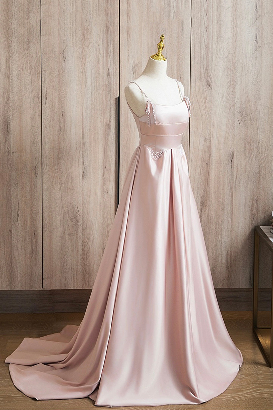 Cute Satin Long A-Line Pink Prom Dress, Spaghetti Straps Evening Dress