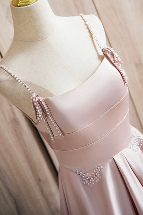 Cute Satin Long A-Line Pink Prom Dress, Spaghetti Straps Evening Dress