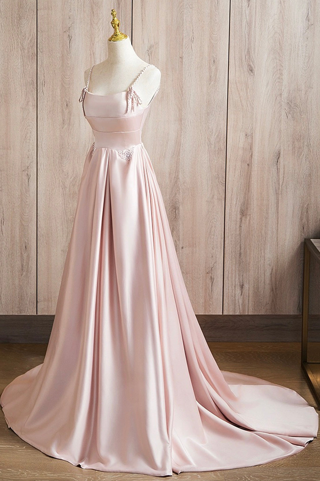 Cute Satin Long A-Line Pink Prom Dress, Spaghetti Straps Evening Dress