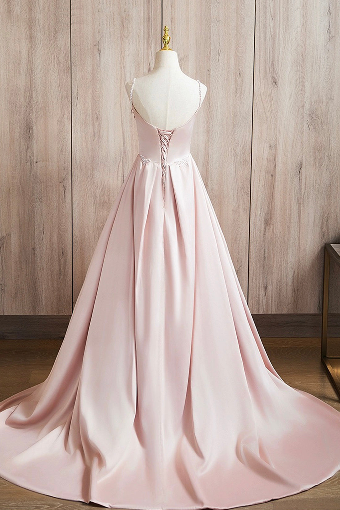 Cute Satin Long A-Line Pink Prom Dress, Spaghetti Straps Evening Dress