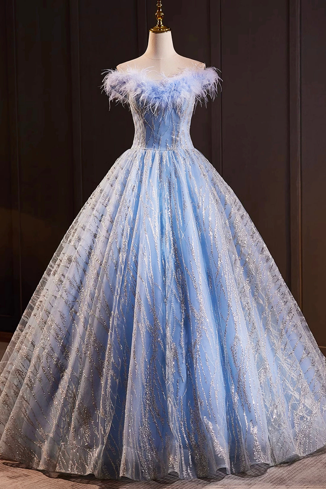 Blue Tulle Sequins Long A-Line Prom Dress with Feather, Off the Shoulder Evening Party Dress