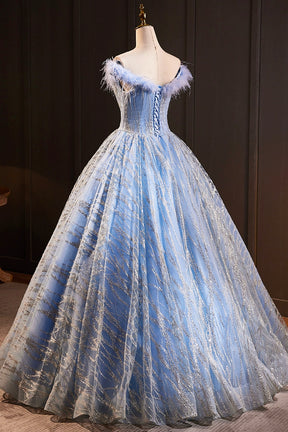Blue Tulle Sequins Long A-Line Prom Dress with Feather, Off the Shoulder Evening Party Dress