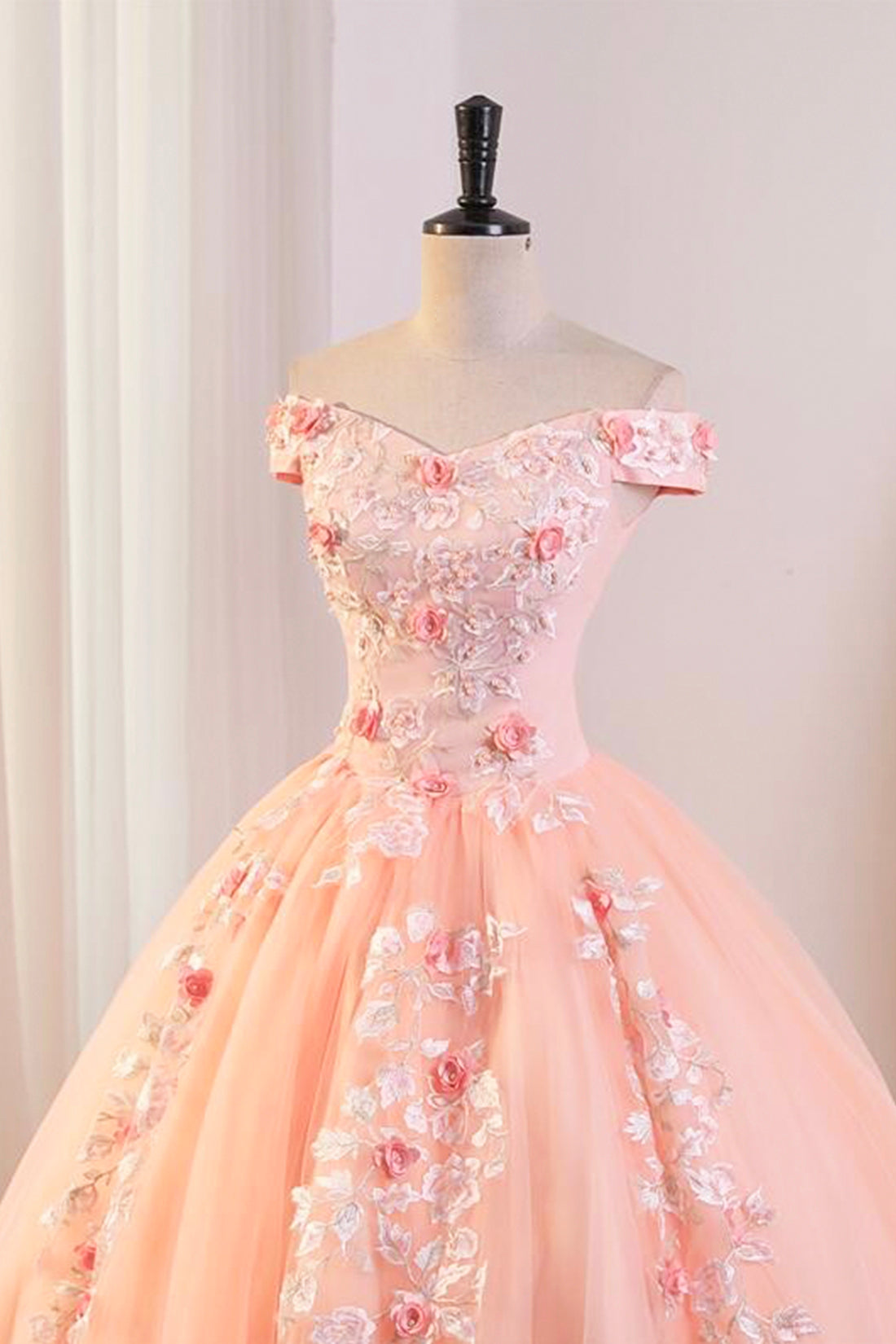 Pink Tulle Lace and Flowers Ball Gown Formal Dresses, Pink Long Sweet 16 Dresses