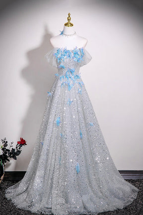 Silver Butterfly Rhinestone Sequins Prom Dress, A-Line Off-The-Shoulder Party Dress