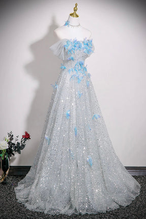 Silver Butterfly Rhinestone Sequins Prom Dress, A-Line Off-The-Shoulder Party Dress