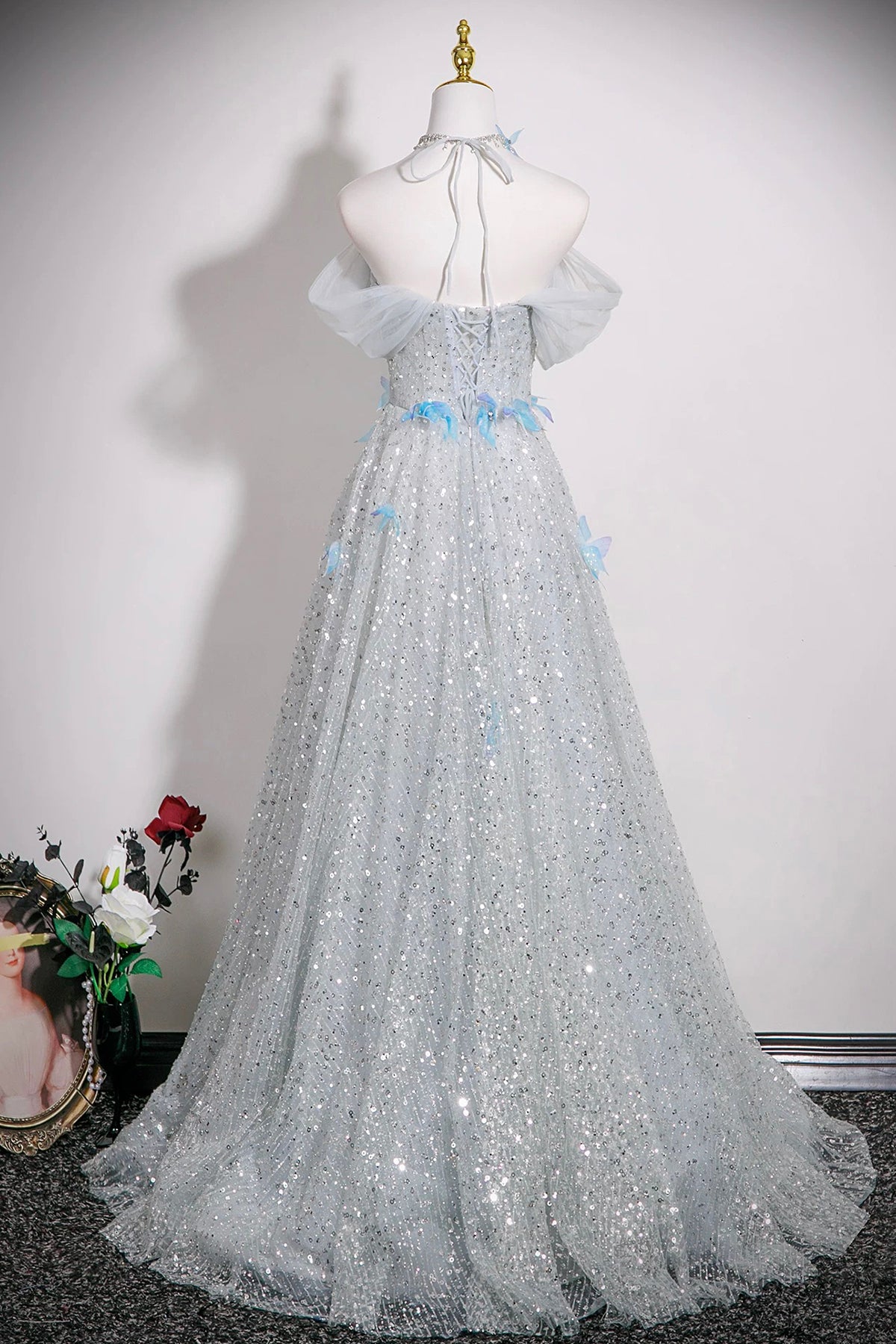 Silver Butterfly Rhinestone Sequins Prom Dress, A-Line Off-The-Shoulder Party Dress