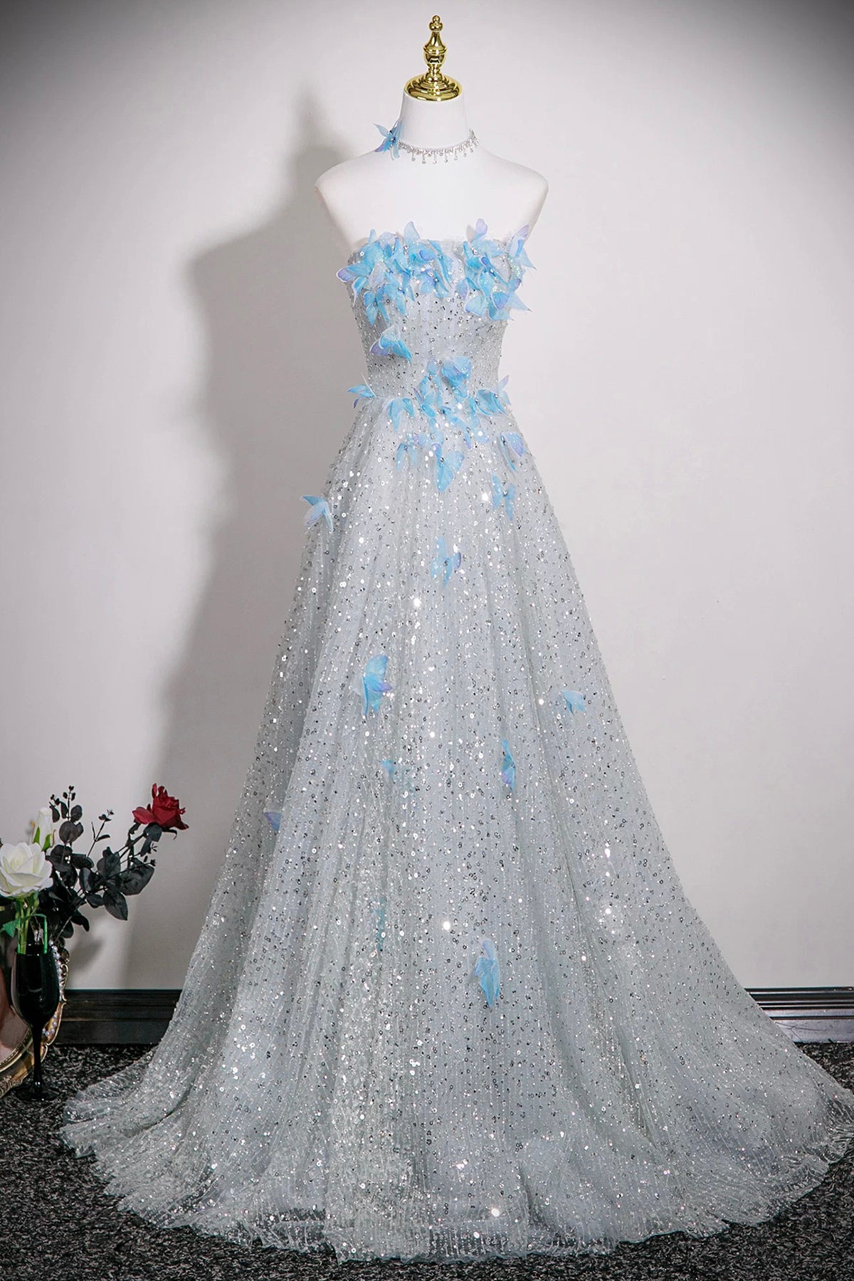 Silver Butterfly Rhinestone Sequins Prom Dress, A-Line Off-The-Shoulde Silver Butterfly Rhinestone Sequins Prom Dress, A-Line Off-The-Shoulde