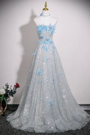Silver Butterfly Rhinestone Sequins Prom Dress, A-Line Off-The-Shoulder Party Dress