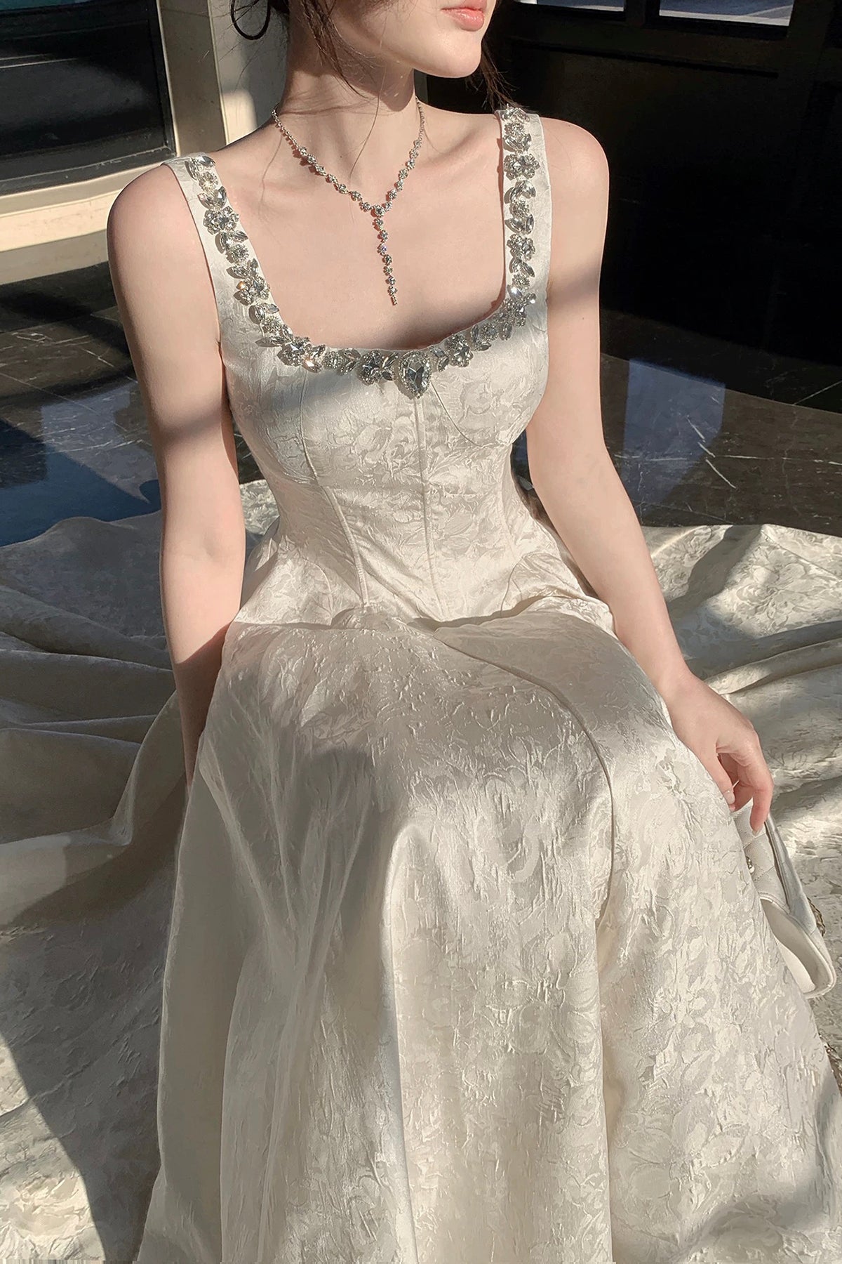 Elegant Square Neck Sleeveless Evening Gown with Rhinestone Embellishments