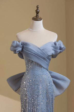 Luxury Beaded Evening Gown Dusty Blue Strapless Mermaid Formal Dress