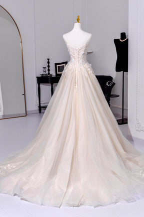 Champagne Tulle Lace Long Prom Dress, Elegant A-Line Strapless Evening Dress
