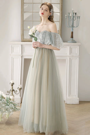 Beautiful Tulle Sequins Long Prom Dress, Green A-Line Backless Evening Party Dress