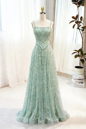 Mint Green Beaded Spaghetti Strap Prom Dress for Women, A-Line Formal Evening Gown with Sweetheart Neckline and Lace-Up Back