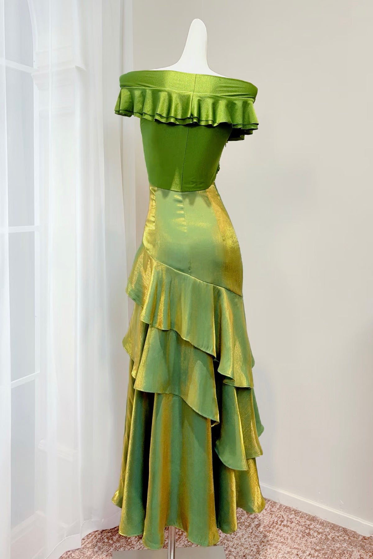 Green Satin Long Prom Dress, Mermaid Off the Shoulder Party Dress