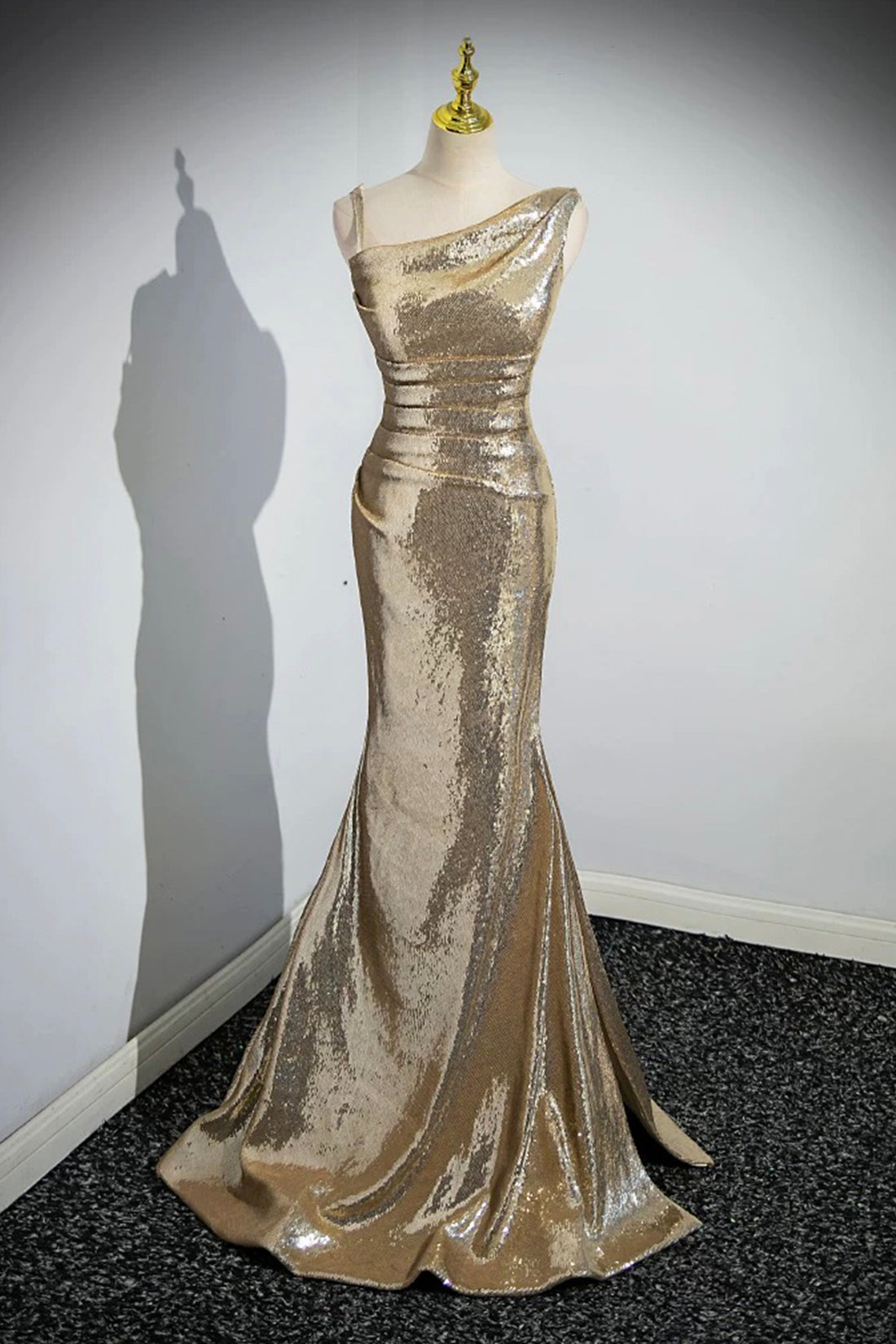 Gold Sequins Long Prom Dress, Mermaid One Shoulder Evening Party Dress