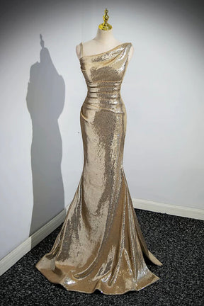 Gold Sequins Long Prom Dress, Mermaid One Shoulder Evening Party Dress