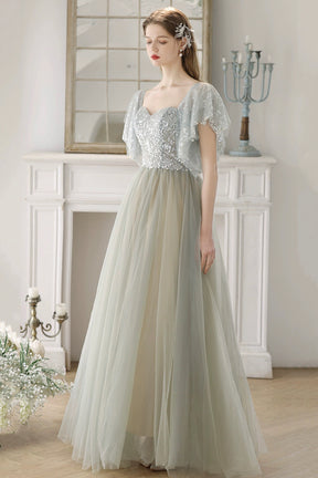 Beautiful Tulle Sequins Long Prom Dress, Green A-Line Backless Evening Party Dress