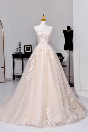 Champagne Tulle Lace Long Prom Dress, Elegant A-Line Strapless Evening Dress