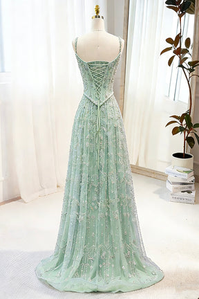 Mint Green Beaded Spaghetti Strap Prom Dress for Women, A-Line Formal Evening Gown with Sweetheart Neckline and Lace-Up Back