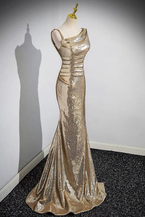 Gold Sequins Long Prom Dress, Mermaid One Shoulder Evening Party Dress