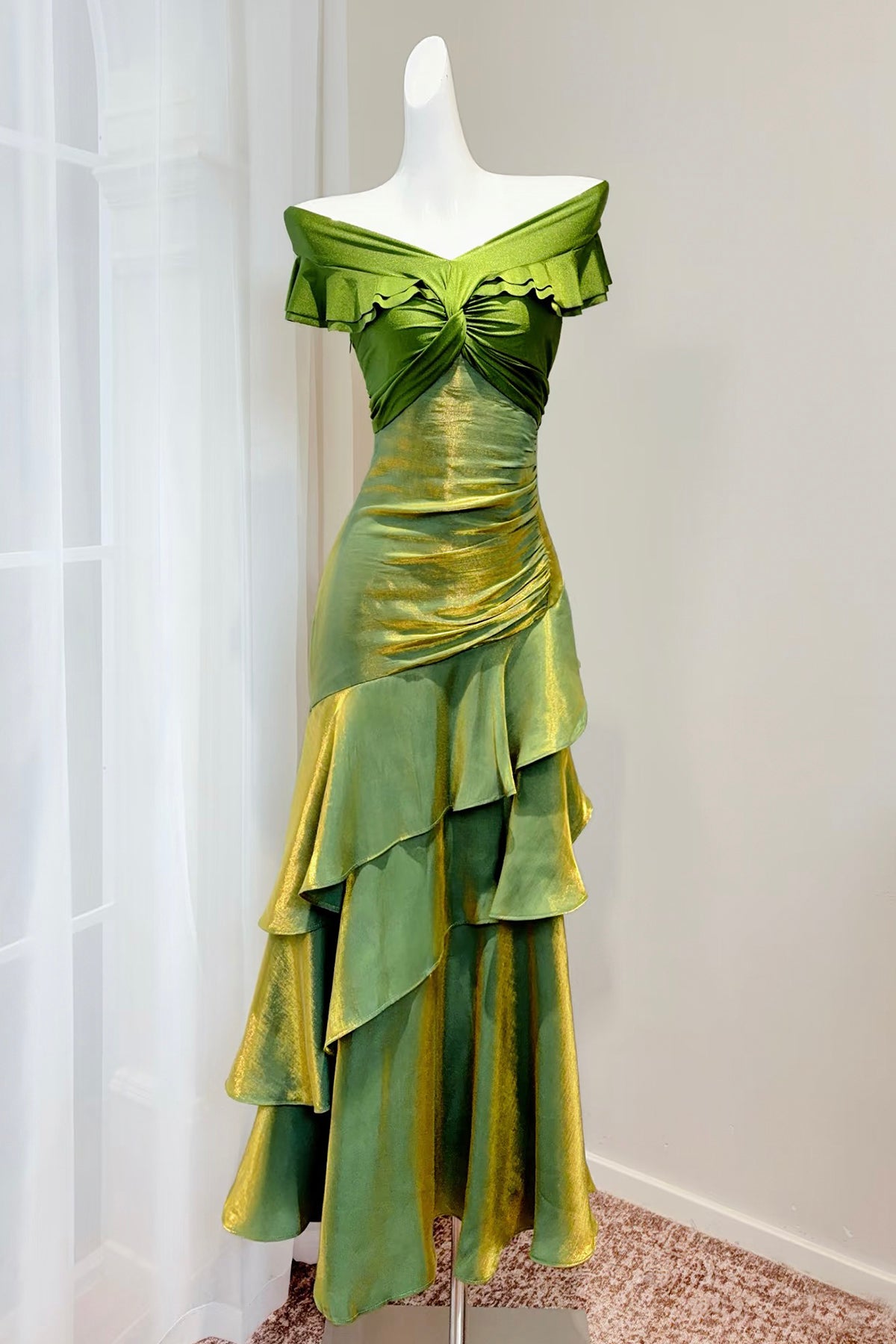 Green Satin Long Prom Dress, Mermaid Off the Shoulder Party Dress