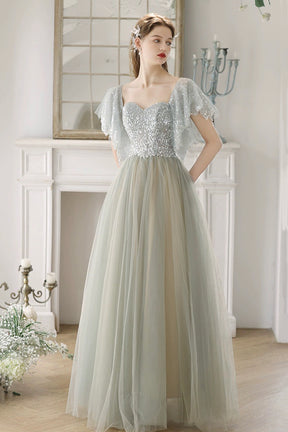 Beautiful Tulle Sequins Long Prom Dress, Green A-Line Backless Evening Party Dress