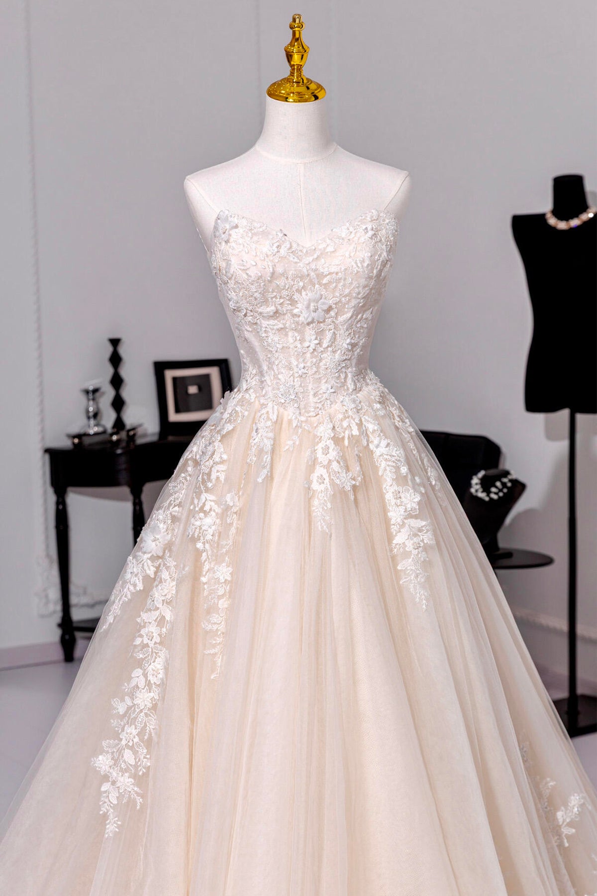 Champagne Tulle Lace Long Prom Dress, Elegant A-Line Strapless Evening Dress