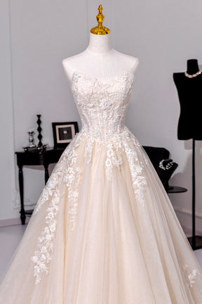 Champagne Tulle Lace Long Prom Dress, Elegant A-Line Strapless Evening Dress