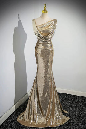 Gold Sequins Long Prom Dress, Mermaid One Shoulder Evening Party Dress