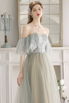 Beautiful Tulle Sequins Long Prom Dress, Green A-Line Backless Evening Party Dress