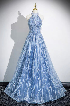 Elegant Tulle Sequins Floor Length Prom Dress, Blue Halter A-Line Evening Dress