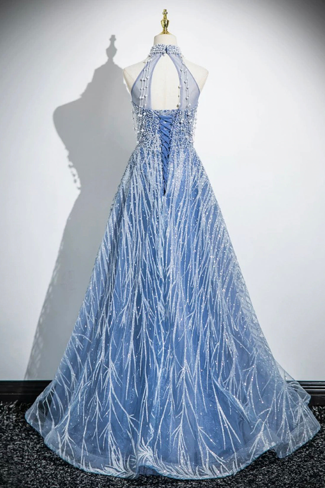 Elegant Tulle Sequins Floor Length Prom Dress, Blue Halter A-Line Even