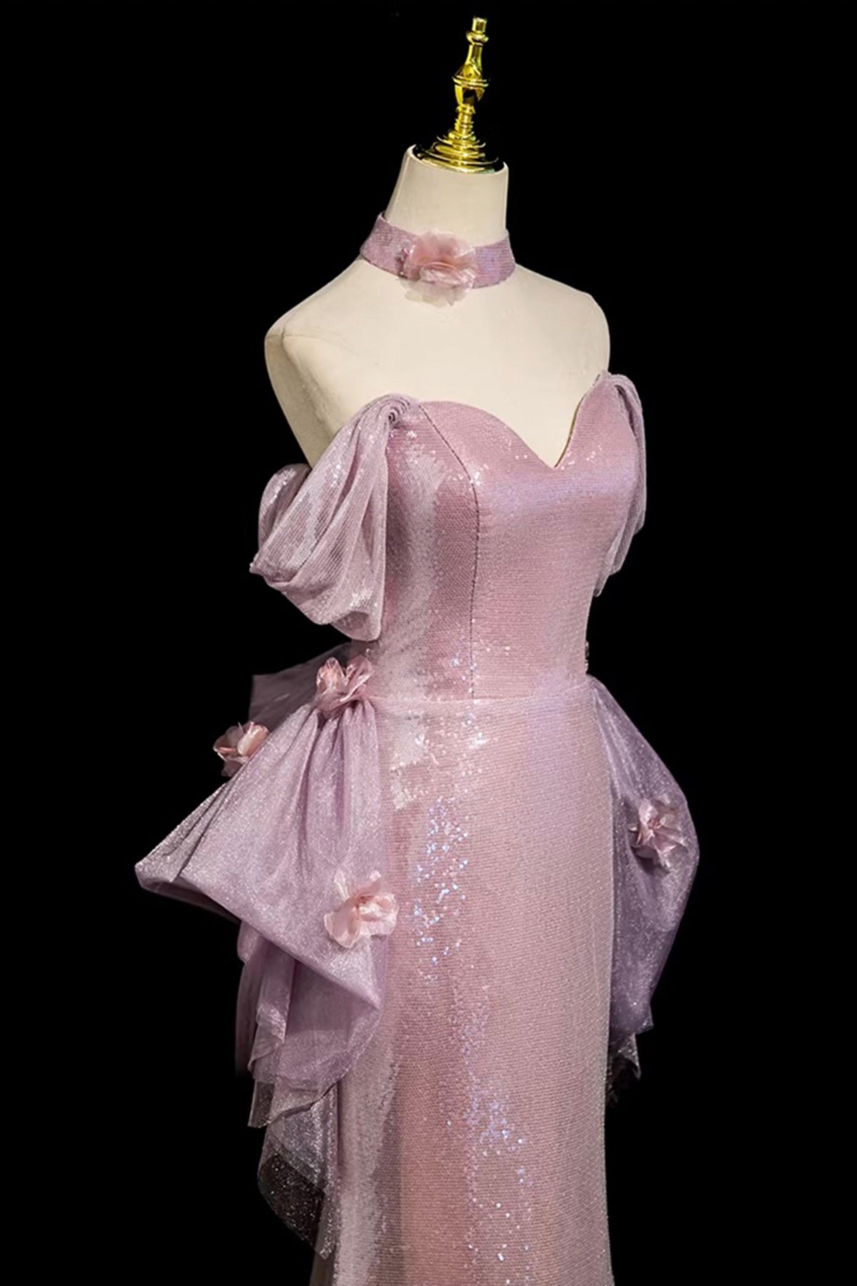 Lilac Glitter Mermaid Evening Dress Off Shoulder Ruffle Detailing Floor Length Party Gown