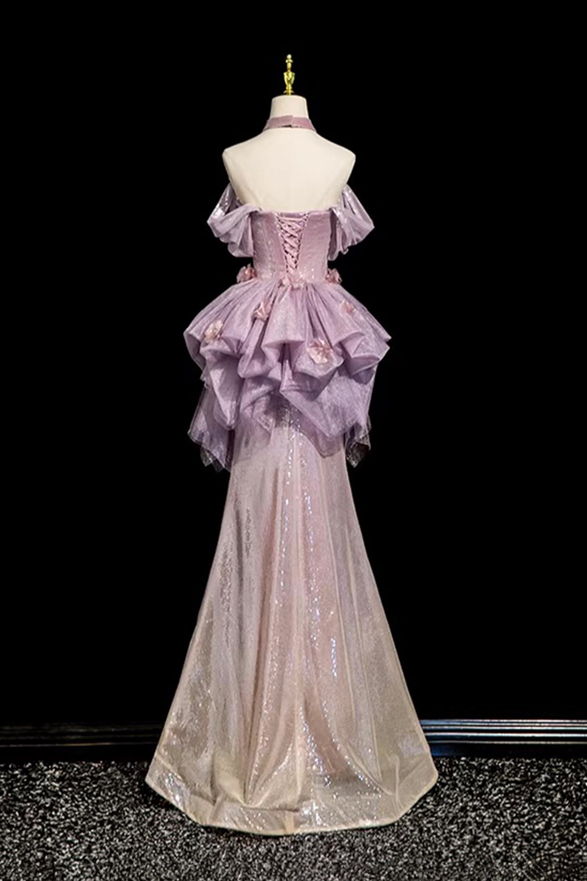 Lilac Glitter Mermaid Evening Dress Off Shoulder Ruffle Detailing Floor Length Party Gown