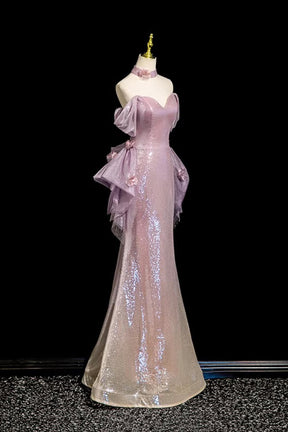 Lilac Glitter Mermaid Evening Dress Off Shoulder Ruffle Detailing Floor Length Party Gown