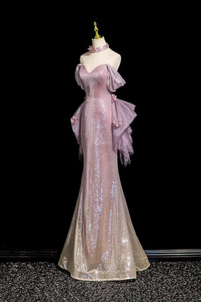 Lilac Glitter Mermaid Evening Dress Off Shoulder Ruffle Detailing Floor Length Party Gown